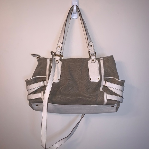 Michael Kors Gansevoort Canvas Satchel Leather Handbag Tan White - Picture 2 of 12